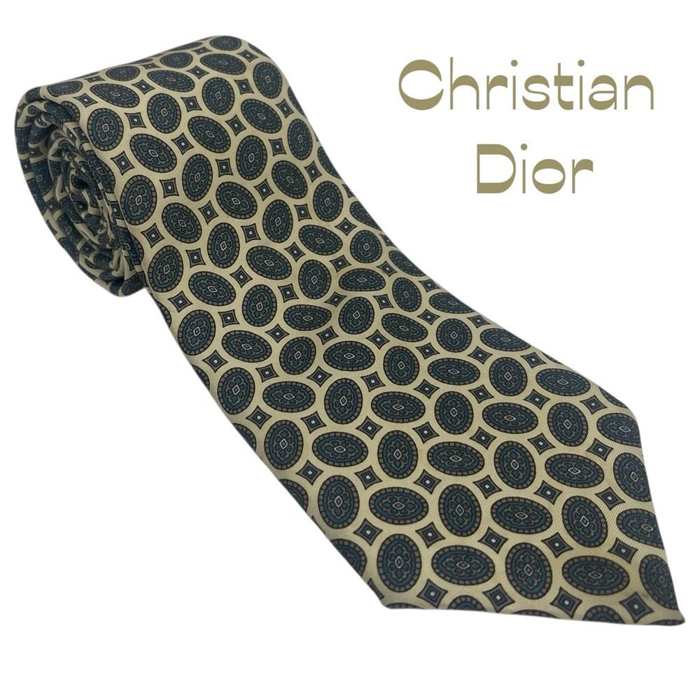 Christian Dior Cream Teal Medallion Print Silk Necktie NWOT